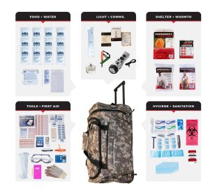 1 Person Comfort Survival Kit, Rolling Bag Camo | 72-Hour Emergency Kit